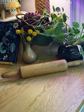 Vintage Primitive Turned Wood Rolling Pin with Handles, One Piece